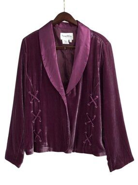 NWT Pamela McCoy Womens Large Velvet Long-Sleeve Jacket Purple Satin Trim Glam